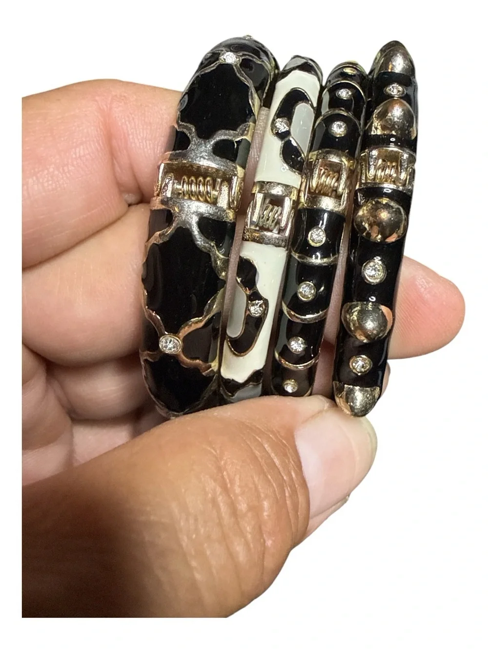 Sequin NYC 4 Pc Hinged Bangle Bracelet Set Black White Enamel Crystal Gold Tone